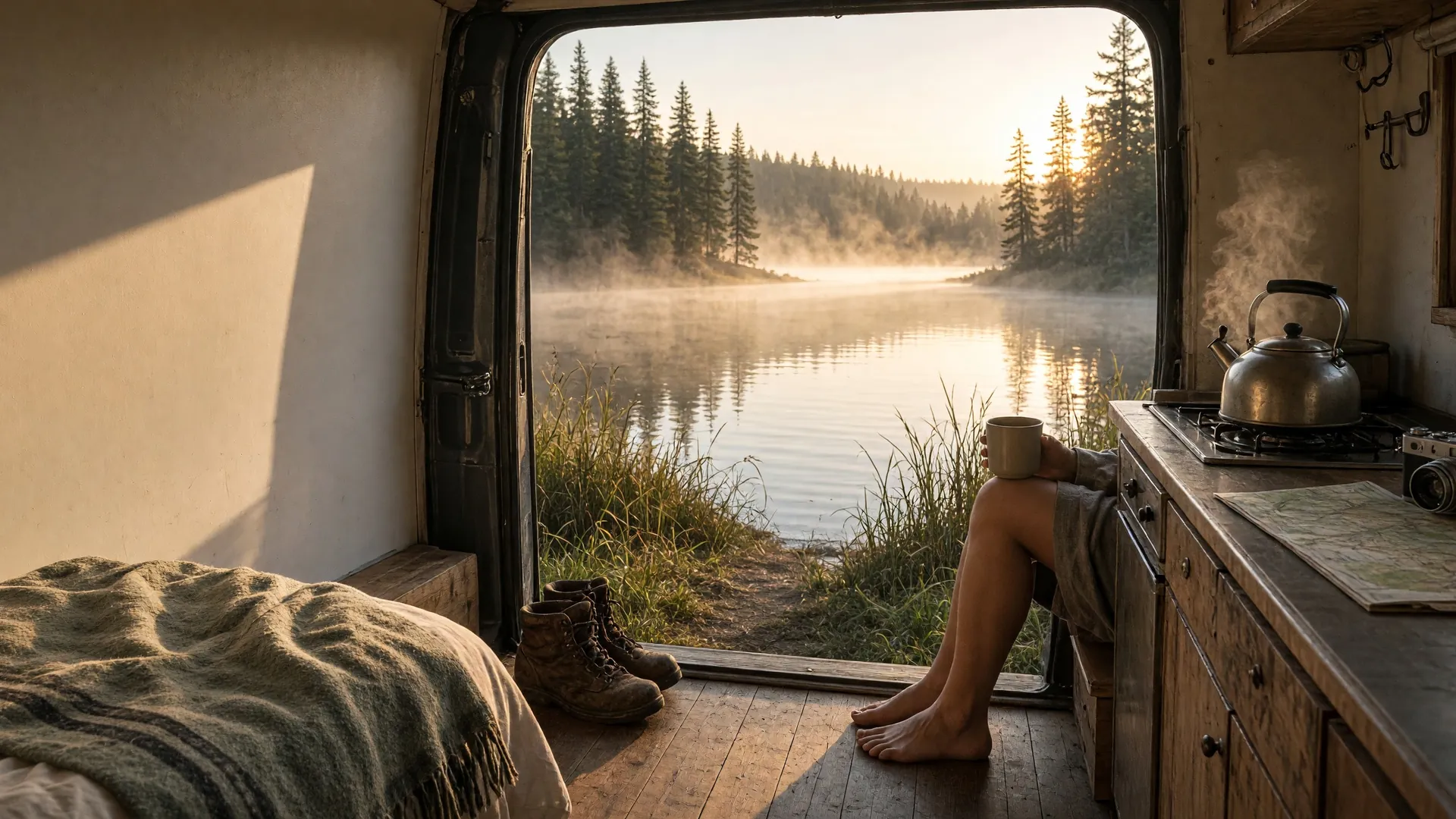 The open side door of a camper van at sunrise, someone with a mug sitting on the step above a misty lake